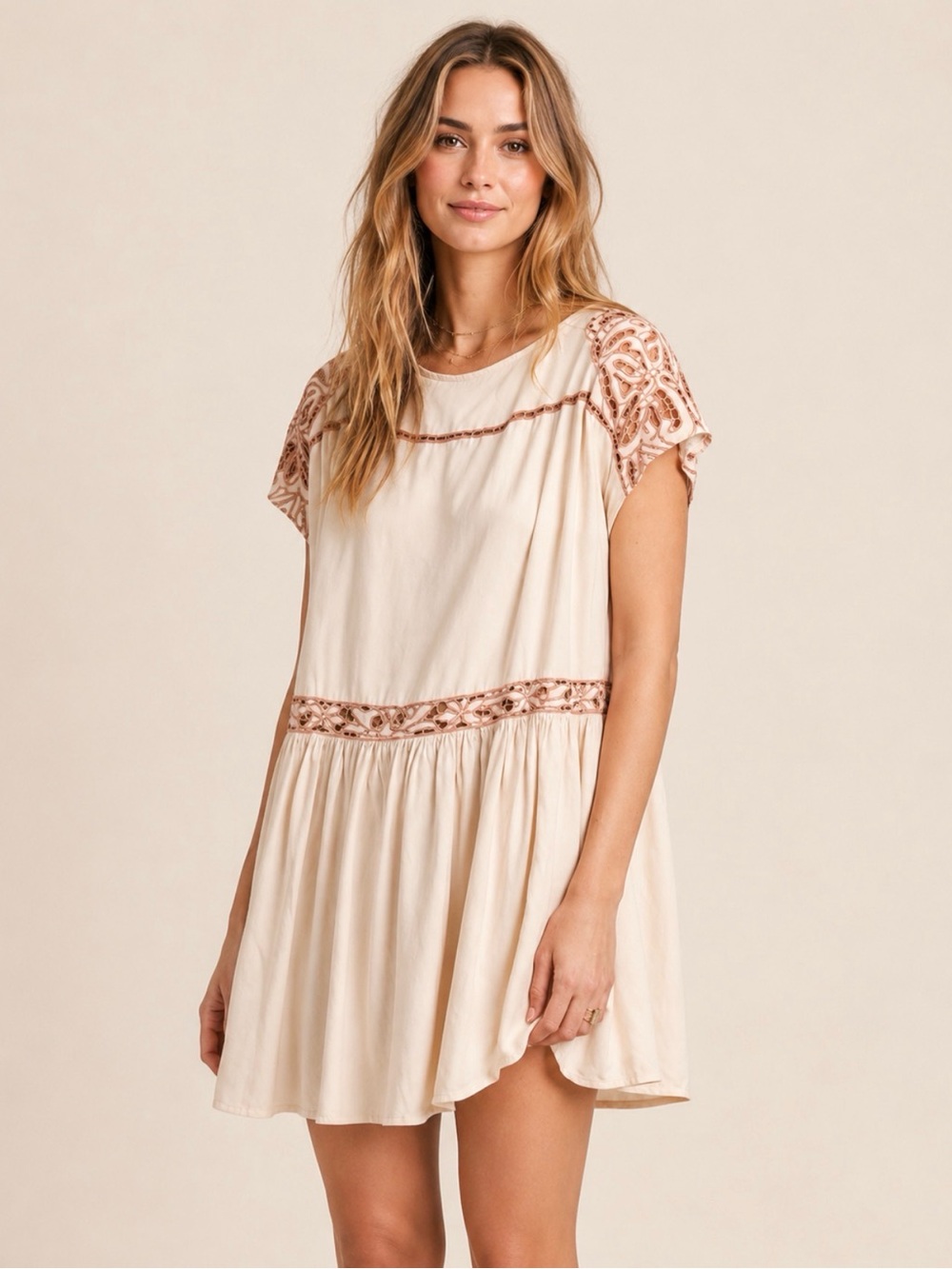 Free People Ayu Nude Floral Cutout Tunic Dress Medium Boho Festival Oversized - Picture 12 of 12